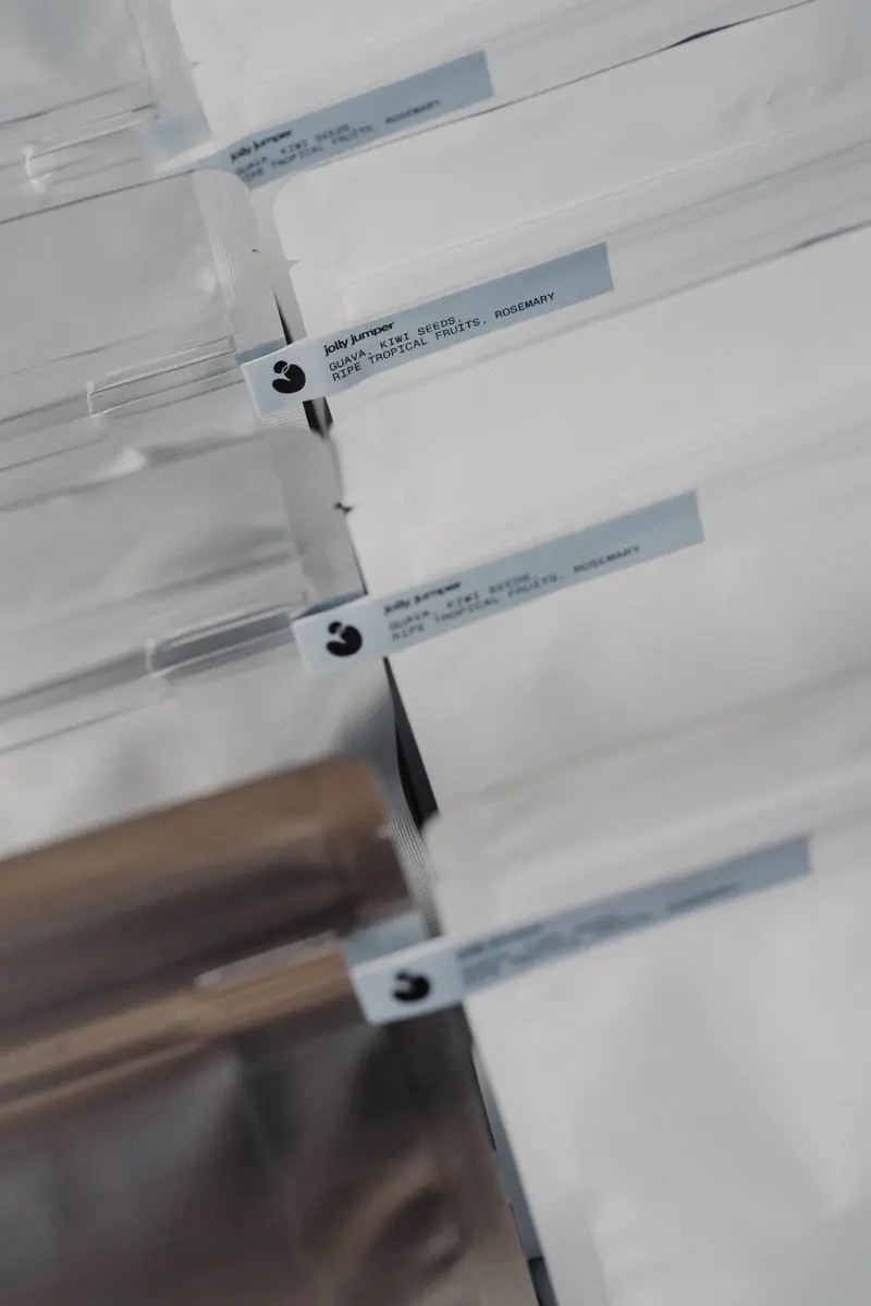 Close-up of sample bags with tasting notes