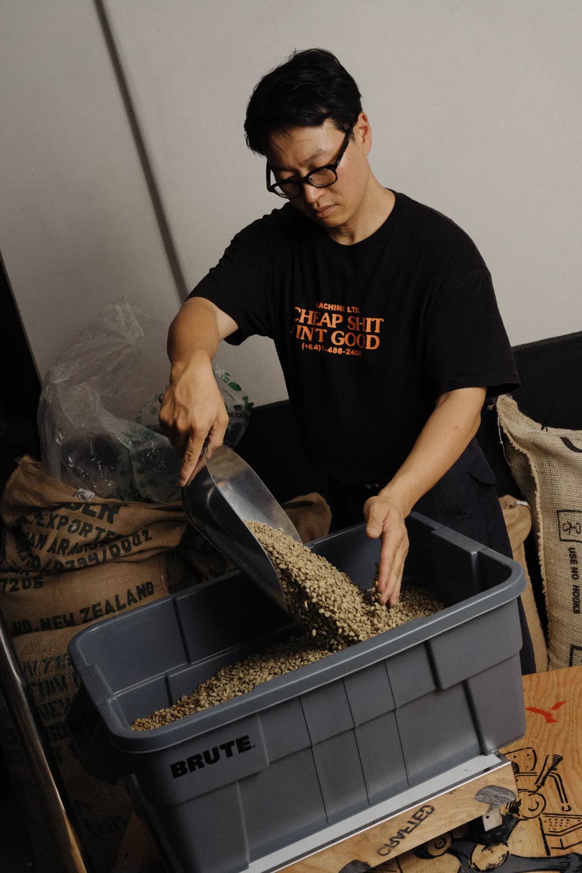 Sorting green coffee beans by hand